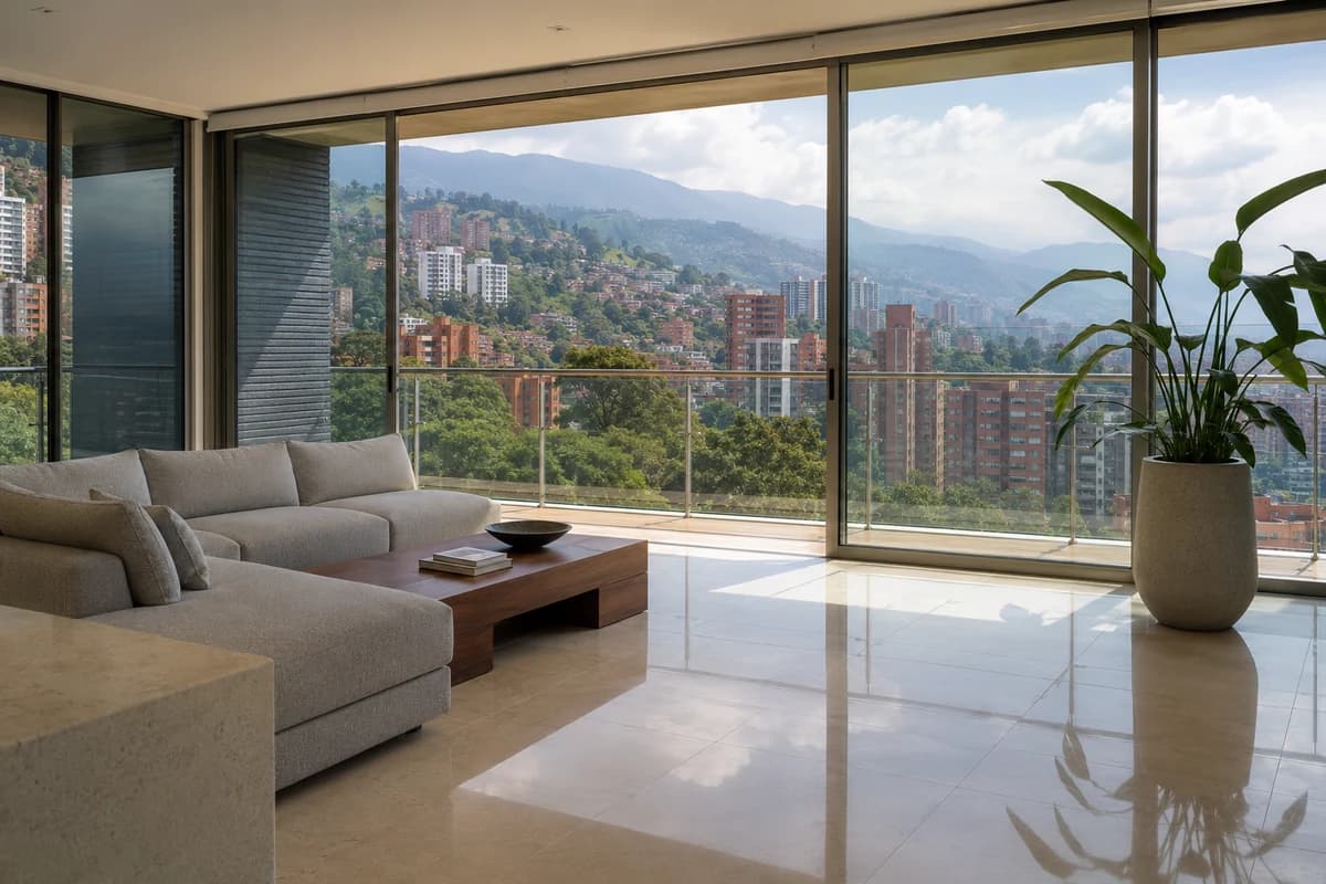 Sala de un apartamento en torre de El Poblado, Medellín, después de una limpieza de MimiMaids