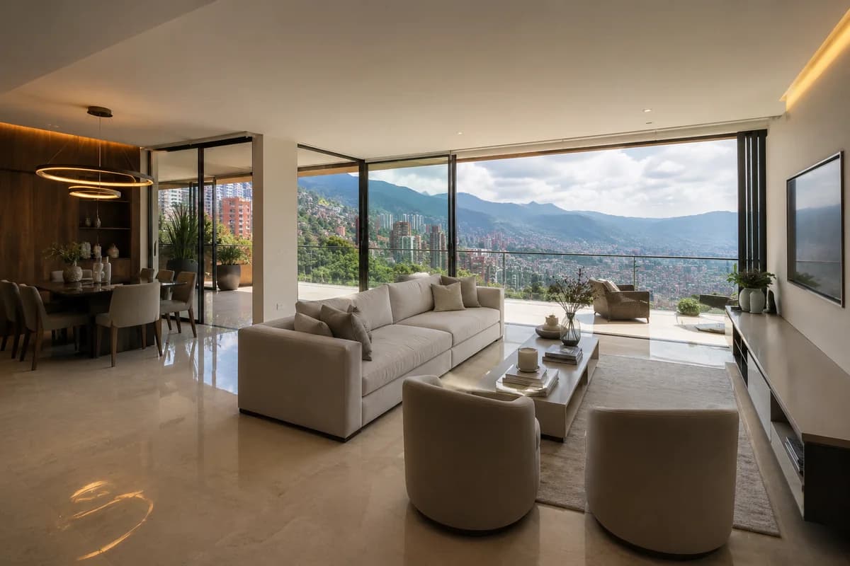 Living area of a home on the Las Palmas corridor, Medellín, with floor-to-ceiling windows over the Aburrá valley, after a MimiMaids clean