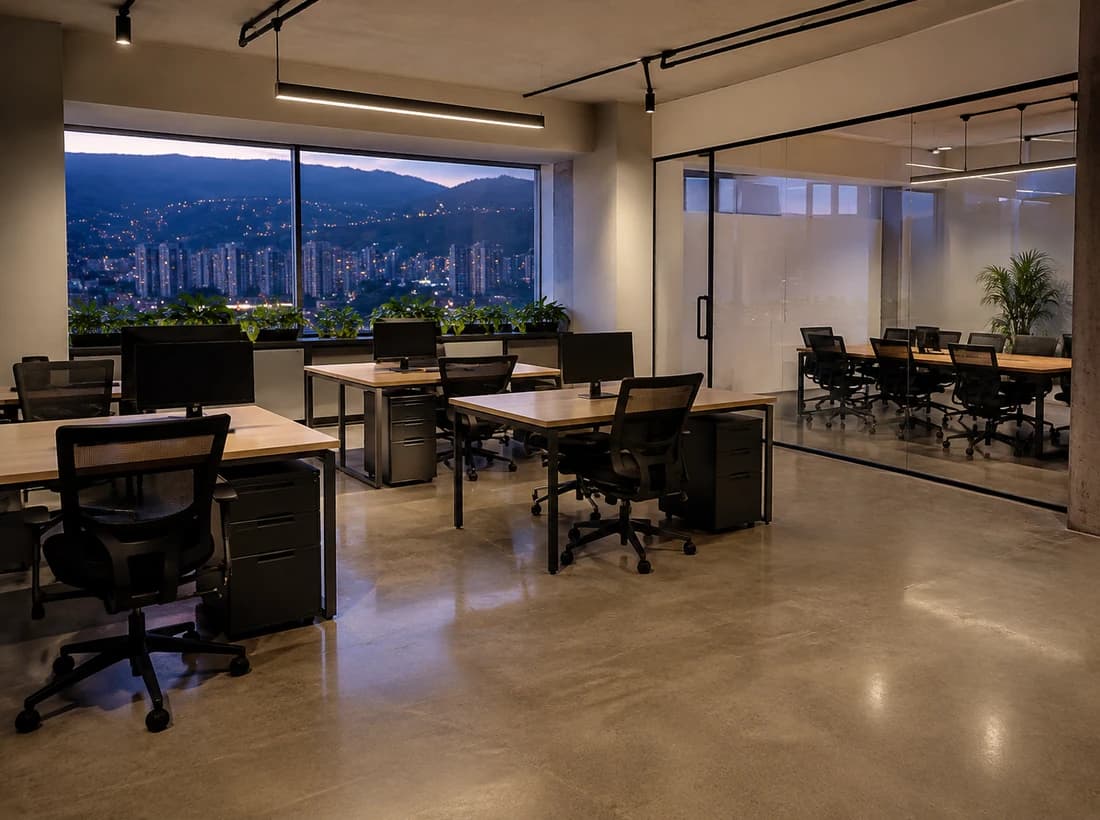 Oficina moderna en Medellín después del servicio de limpieza de MimiMaids Empresas