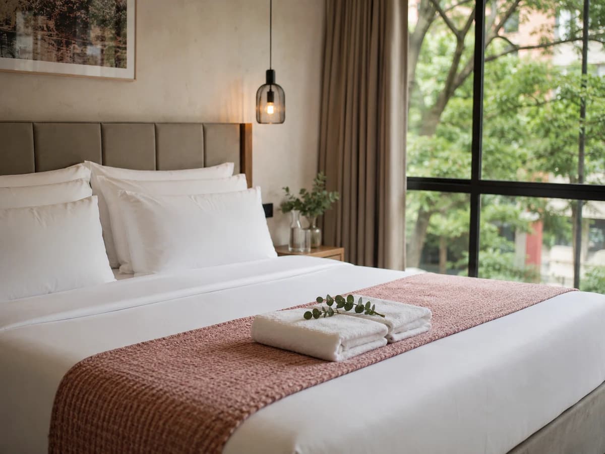 Cama tendida estilo hotel por el equipo de MimiMaids en un Airbnb de Provenza, Medellín