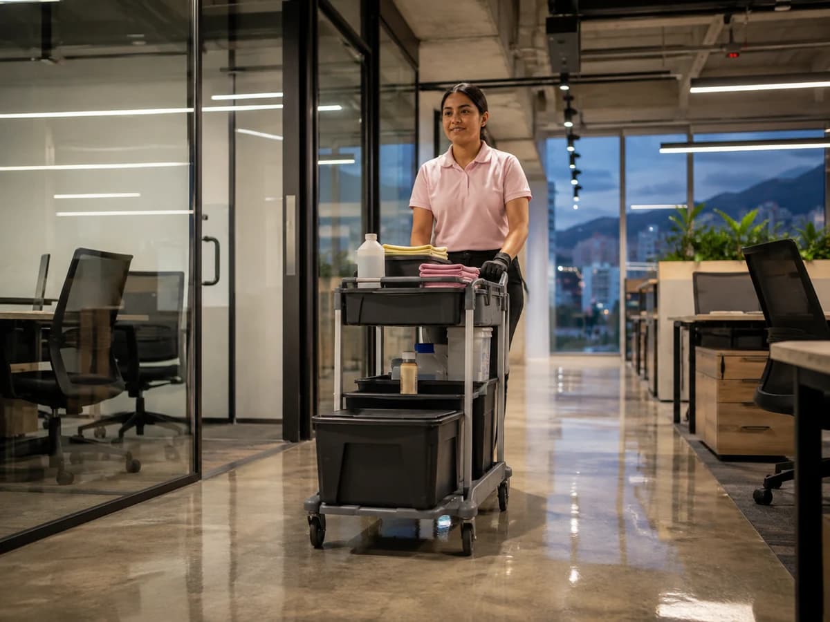 Oficina moderna en Medellín después de la limpieza profesional de MimiMaids